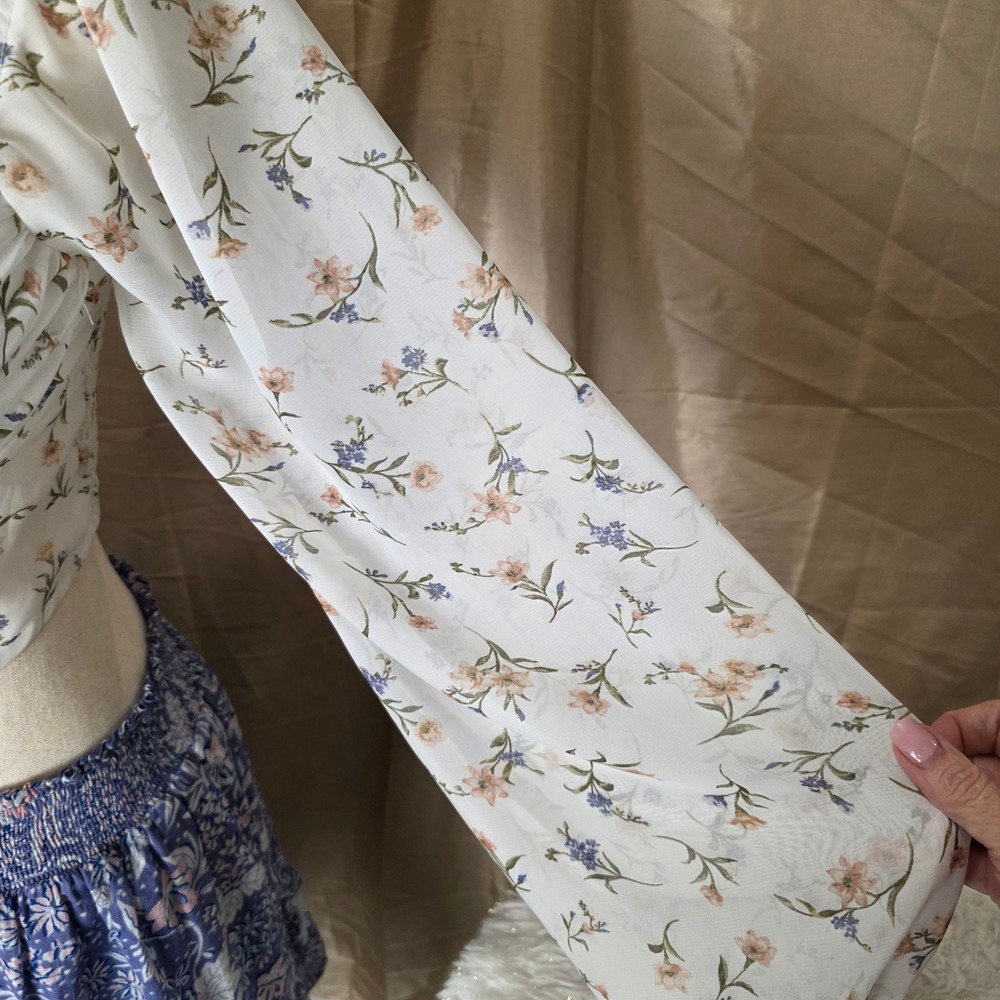 Windsor Floral Corset Crop Top White Long Sleeve Smocked Back PT41845KW Medium - Picture 4 of 7